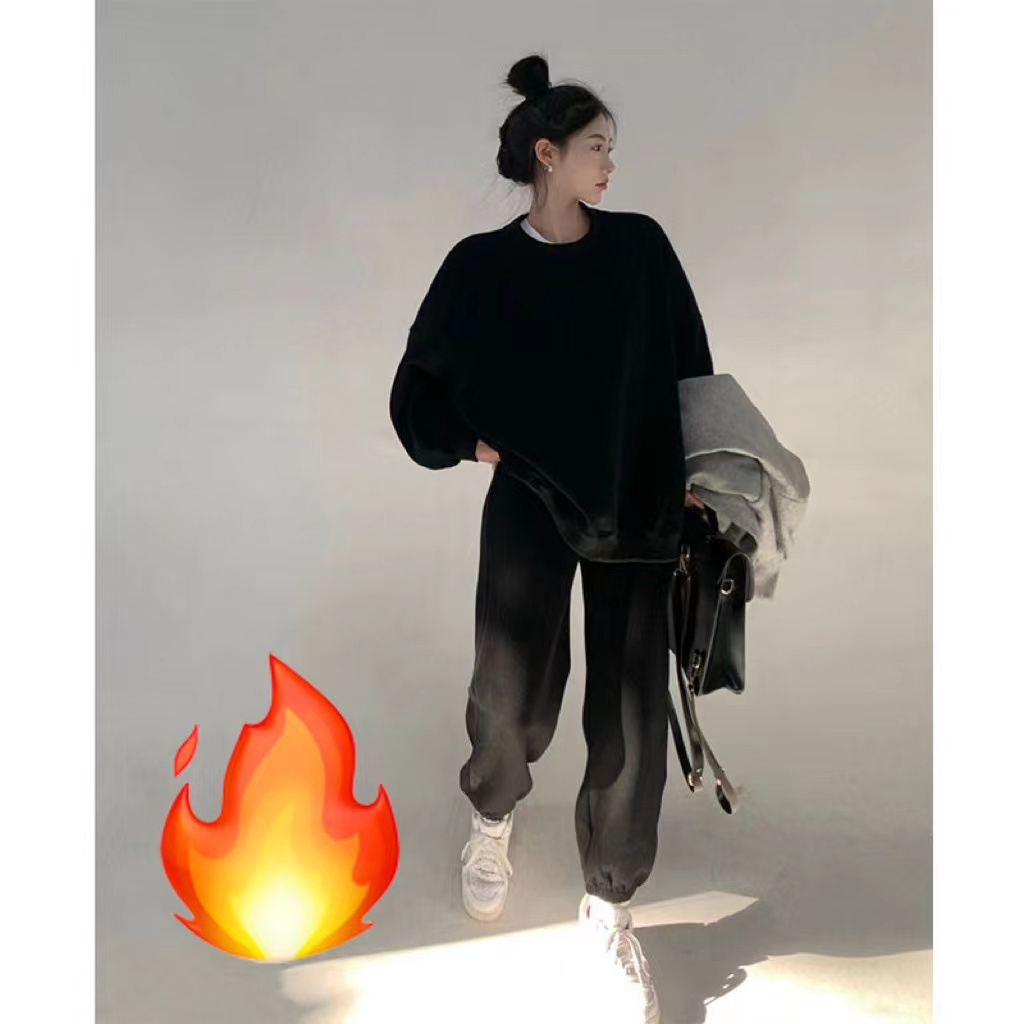 Casual sports suit for women spring and autumn 2023 new fashionable style plus velvet round neck sweatshirt and leggings pants two-piece set