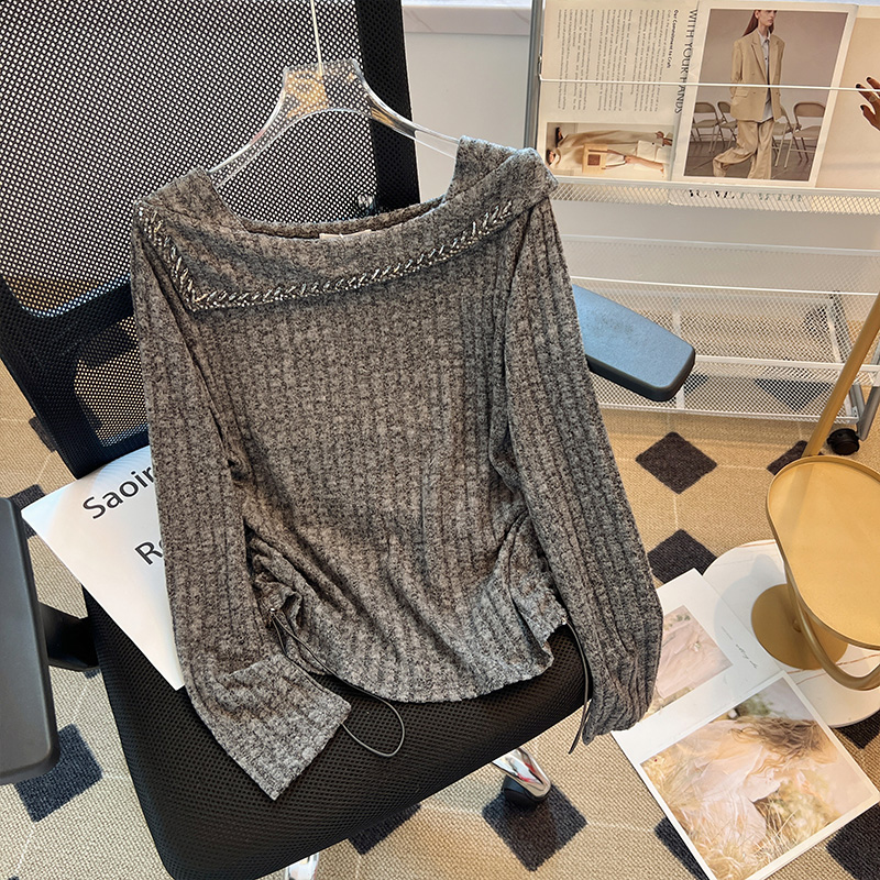 Designed imitation one-shoulder long-sleeved sweater for women in autumn and winter with diamonds, high-end, luxury, niche, chic and beautiful top