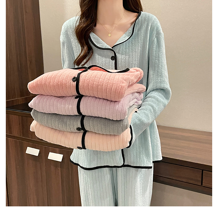Plus size women's fairy warm pants suit autumn and winter thickened home casual pajamas flannel coral velvet cardigan