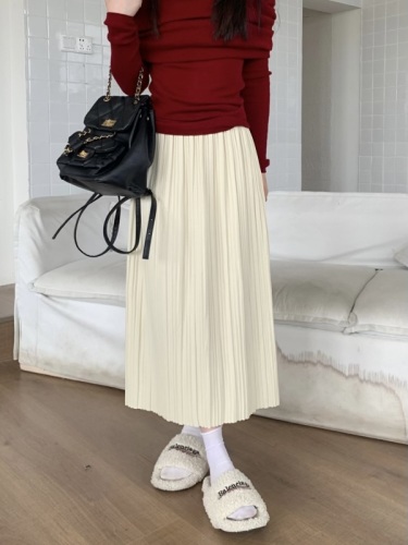 Actual shot of the new Korean style versatile thickened design slit high waist slim pleated skirt half length skirt