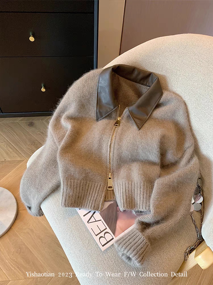 Designed leather double zipper knitted jacket autumn women's 2023 fashionable lady foreign style short soft waxy sweater cardigan