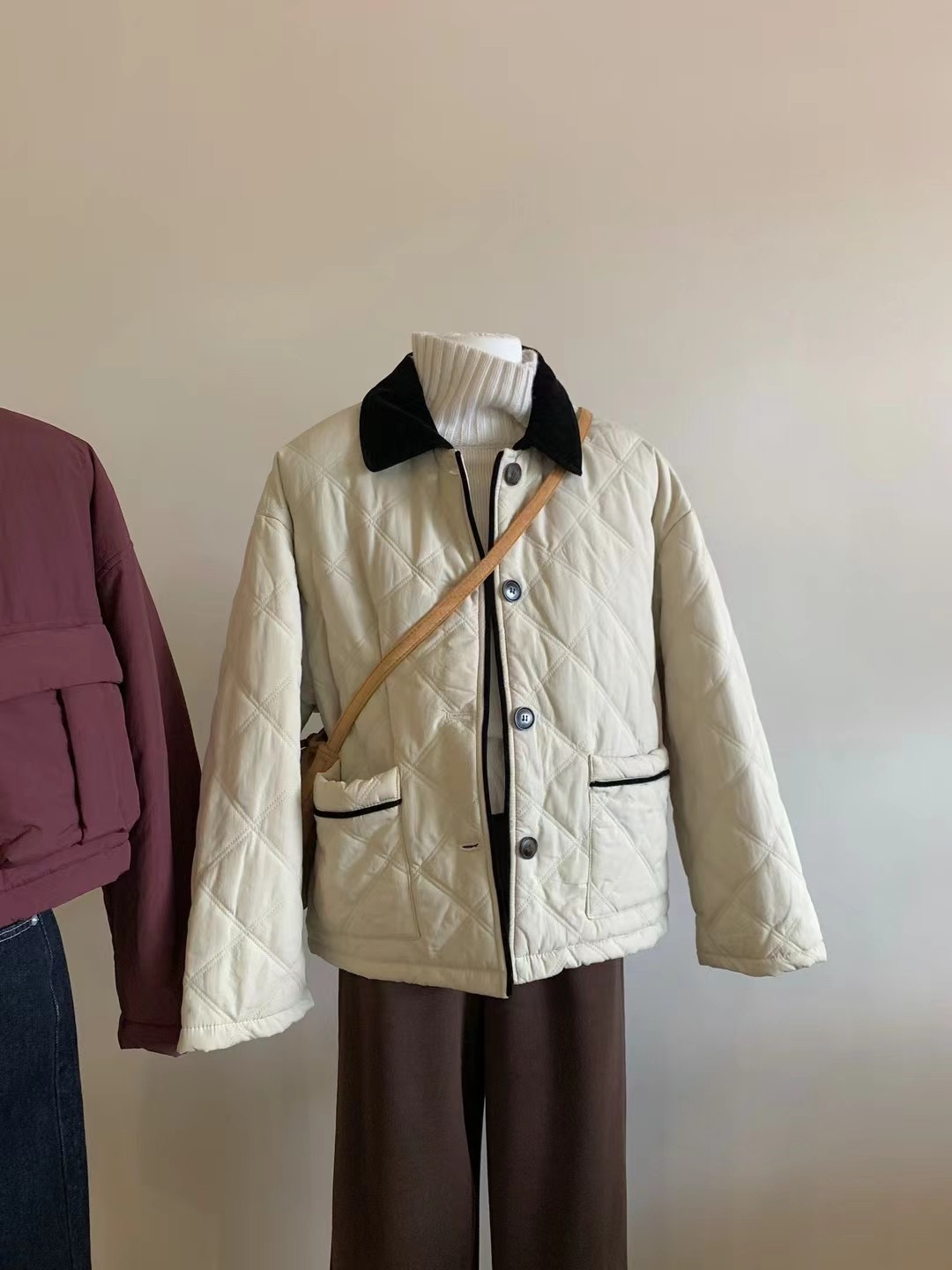 實拍～撞色翻領菱格棉衣2023冬季新款韓系小棉服外套
