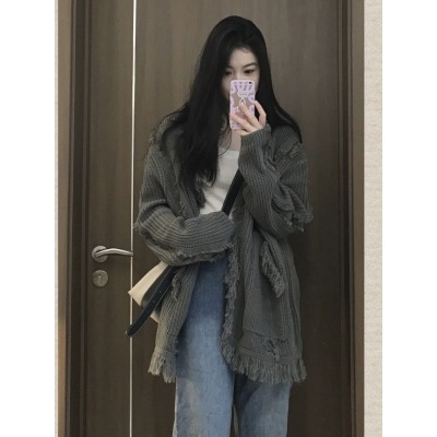 韓系寬鬆百搭灰色針織毛衣開衫外套女2023春季設計感軟糯休閒上衣