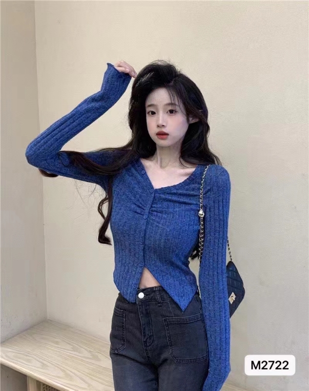 秋季新款設計感純欲風V領不規則設計百搭長袖上衣女