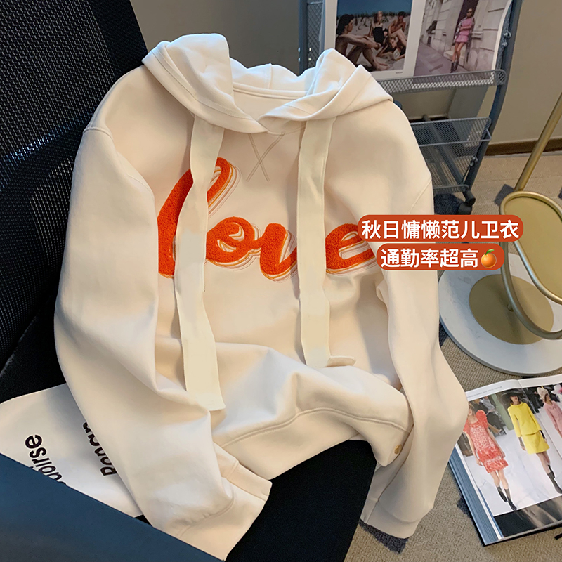 大魚鱗260克100%聚酯纖維 薄款衛衣女連帽毛巾繡 後包條雙層帽