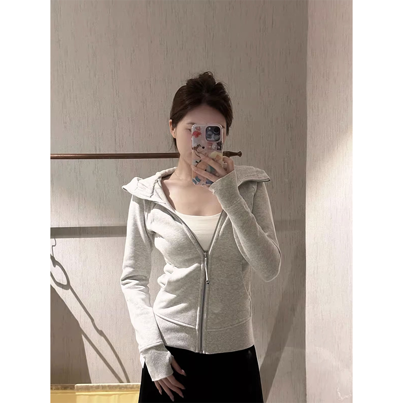 Chinese cotton composite milk silk hooded sweatshirt for women spring and autumn American retro zipper slim jacket