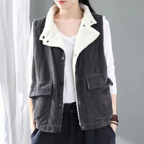 Lined velvet vest for women, thickened, loose, artistic, retro, casual lambswool stand-up collar vest for women