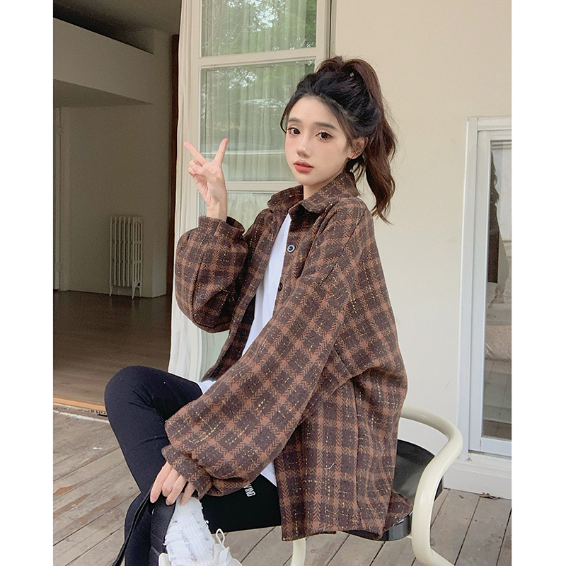 實拍  秋冬新款復古格子寬鬆慵懶襯衫外套女長袖上衣