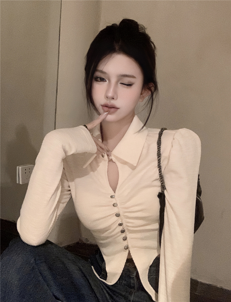 實拍性感長袖T恤女秋裝又甜又辣上衣設計感小眾打底衫襯衫