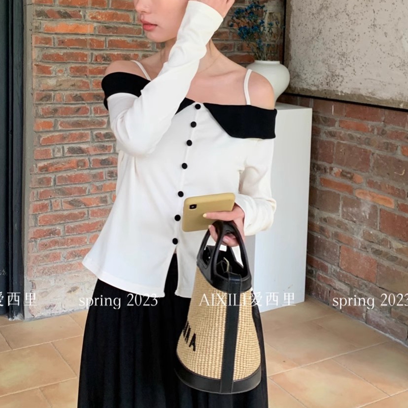 2023愛西里春季法式新款小眾露肩設計一字領襯衫赫本溫柔風上衣女