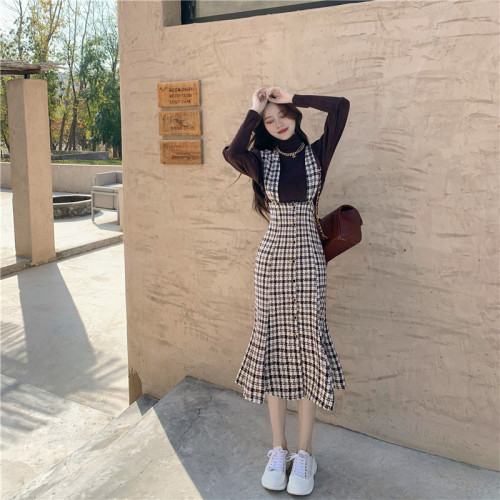 Real shot of western style fashion suit houndstooth fishtail vest skirt + niche bubble long-sleeved turtleneck bottoming shirt