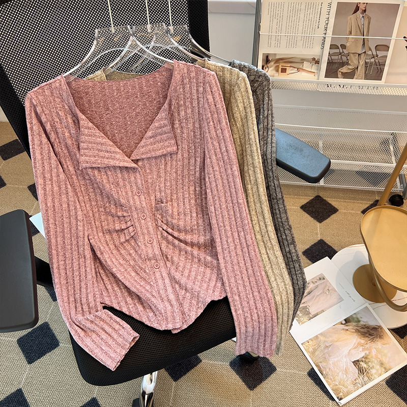 Pink lapel long-sleeved sweater for women autumn new sweet and spicy design niche slimming short top