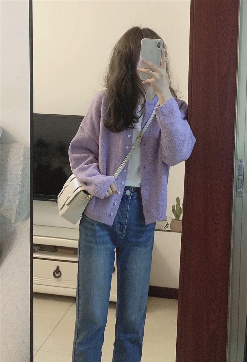 Japanese lazy retro gentle style purple sweater coat women's autumn and winter clothing small knitted cardigan