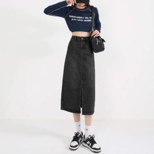 Retro high-waist slit denim skirt for women  autumn new slimming A-line mid-length hip-hugging skirt