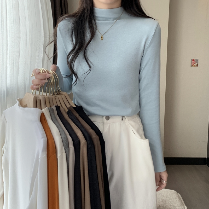 實拍  有氨 雙面德絨  秋冬磨毛設計感打底衫女半高領