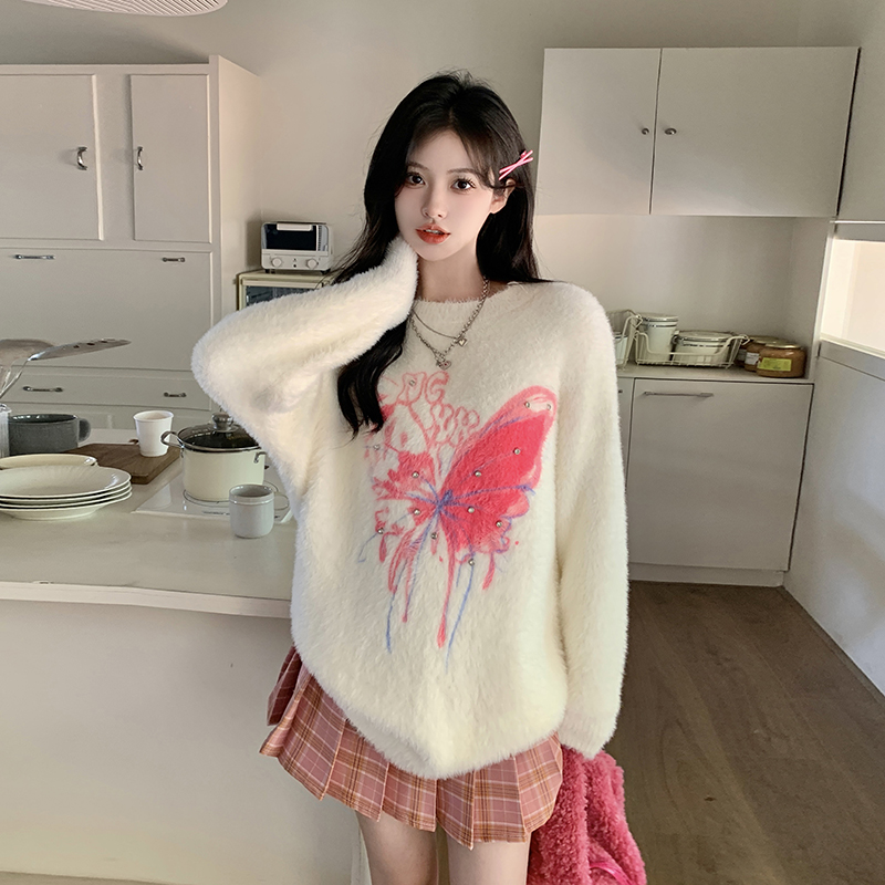 實拍~大碼燙磚蝴蝶毛衣女秋冬馬海毛oversize慵懶風軟糯針織上衣