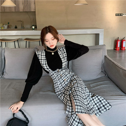 Real shot of western style fashion suit houndstooth fishtail vest skirt + niche bubble long-sleeved turtleneck bottoming shirt