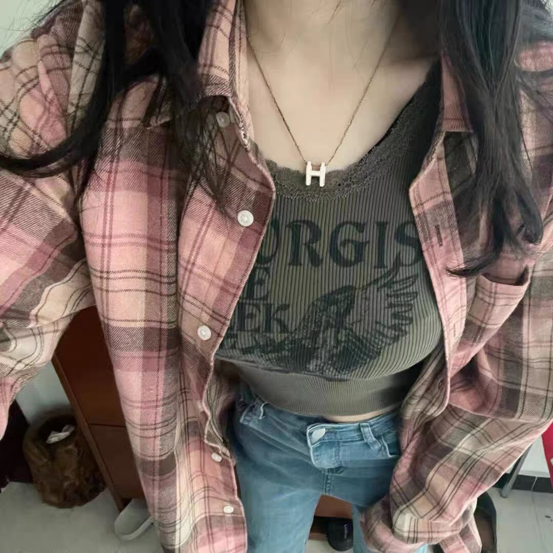 ~American retro green long-sleeved plaid shirt women's casual shirt 2023 spring and autumn new coat