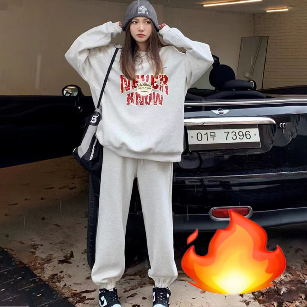 Suit women's casual fashion leggings sweatshirt plus velvet thickening loose 2023 autumn and winter two-piece set trend