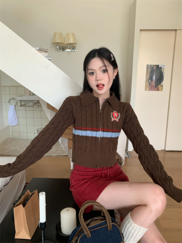Real shot Korean style college style short lapel zipper cardigan sweater jacket for women