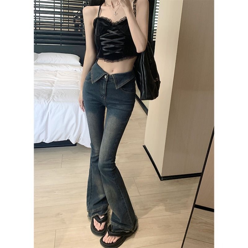 辣妹復古微喇叭牛仔褲女2023年秋季新款修身高腰顯瘦拖地長褲子