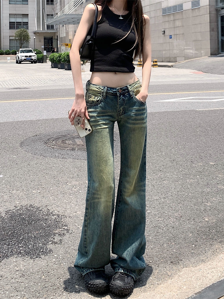 American Retro Low Waist Jeans Women's Designer Wide Leg Pants 2023 New Spring and Autumn Hot Girl Distressed Straight Leg Pants