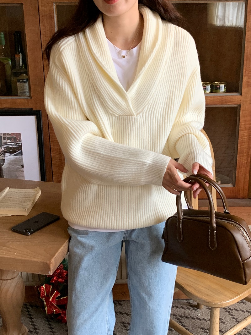 實拍 韓版氛圍感聖誕季新年本命色復古翻領小v套頭針織厚毛衣保暖