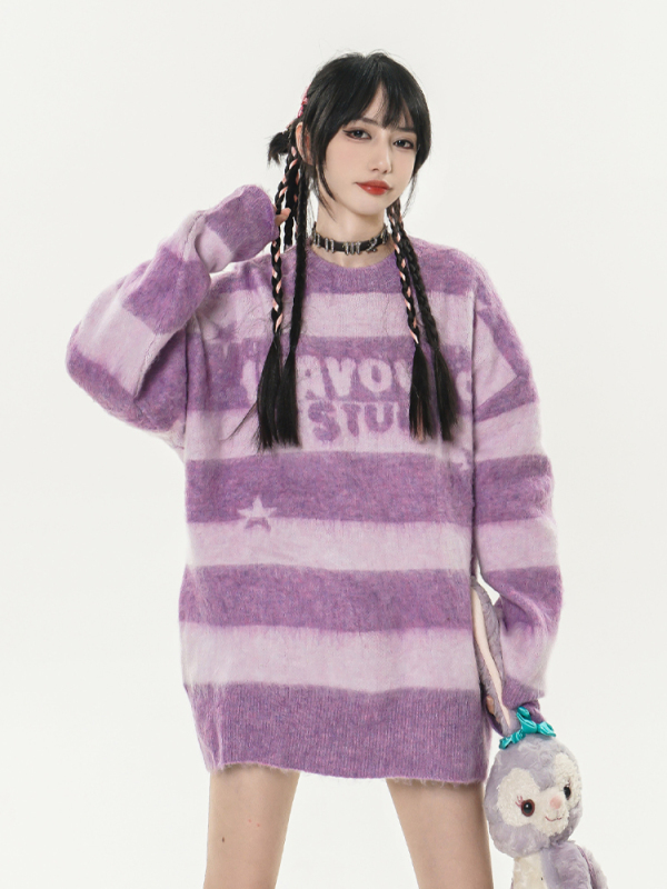 美式條紋馬海毛衣女秋冬季新款水貂毛茸茸情侶外穿慵懶針織上衣潮