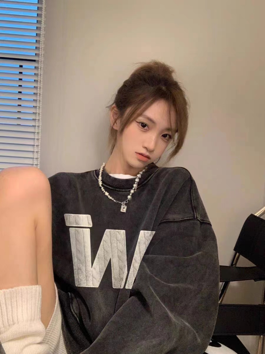 Washed gray cotton American sweatshirt oversize niche high street fashion brand ins spring and autumn loose lazy top for women