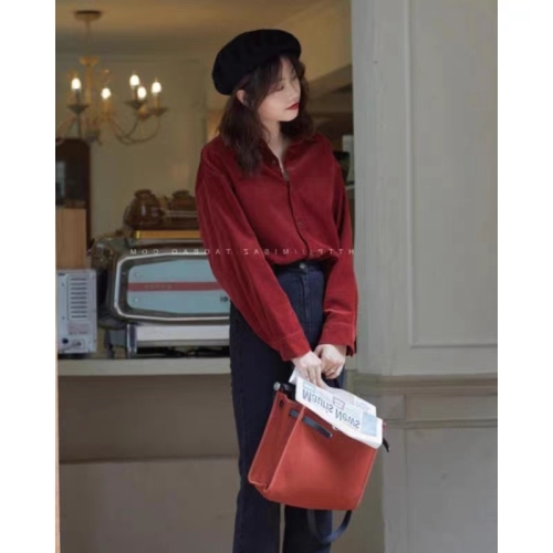 Retro Hong Kong style casual long-sleeved shirt women's design niche loose layered top red brushed shirt jacket