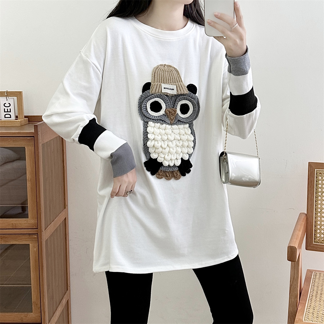 Real shot of loose thickened brushed white long-sleeved T-shirt for women in autumn and winter three-dimensional owl inner layering shirt
