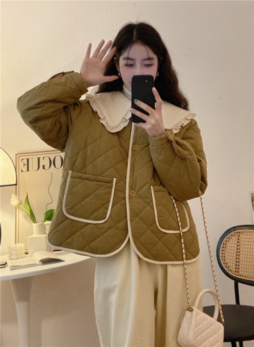 Real shot of autumn and winter new splicing contrasting color loose and slim rhombus doll collar coat thickened warm cotton coat for women