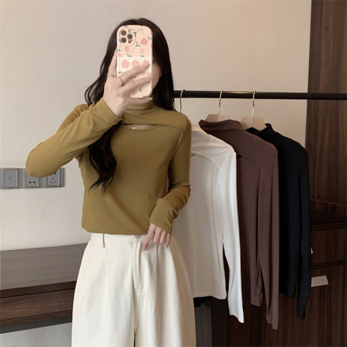 Actual shot of ammonia velvet half turtleneck hollow bottoming shirt women's long-sleeved T-shirt brushed design autumn and winter clothing