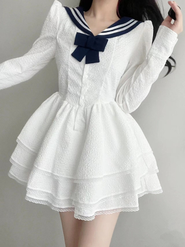 Women's  new French first love sweet college style jk navy collar bow white dress spring and autumn