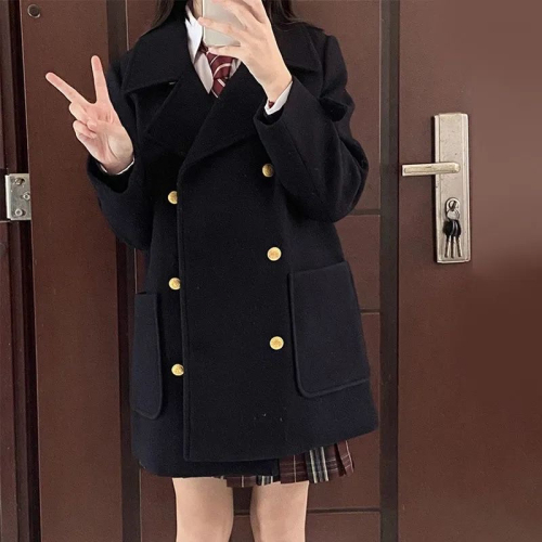 Small medium-length woolen coat autumn and winter women's double-breasted JK uniform college style