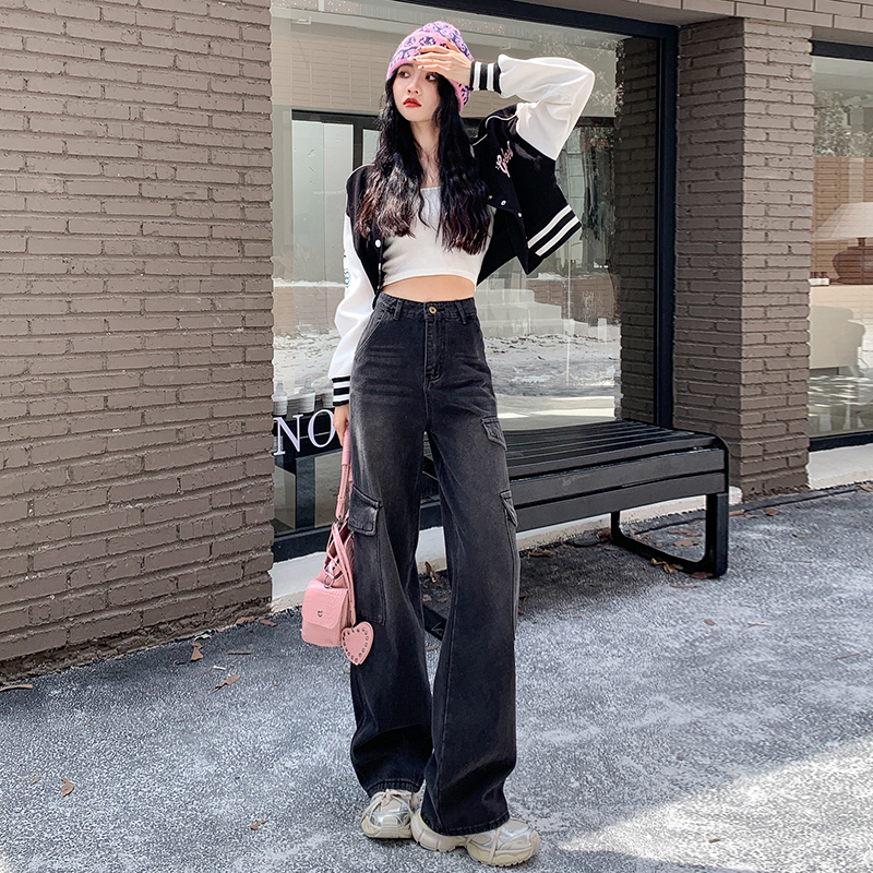 實拍 黑灰色工裝牛仔褲女2023年新款高腰顯瘦街頭辣妹拖地闊腿褲