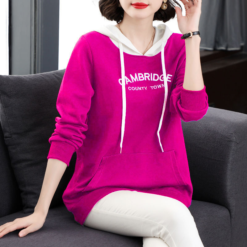 2023 Korean style tops to cover belly, versatile hooded spring and autumn new style color block embroidery large size long-sleeved sweatshirt for women