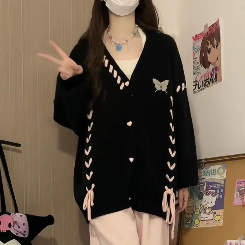 Lazy style soft waxy handmade rope cardigan sweater jacket for female students Korean college style sweet loose sweater