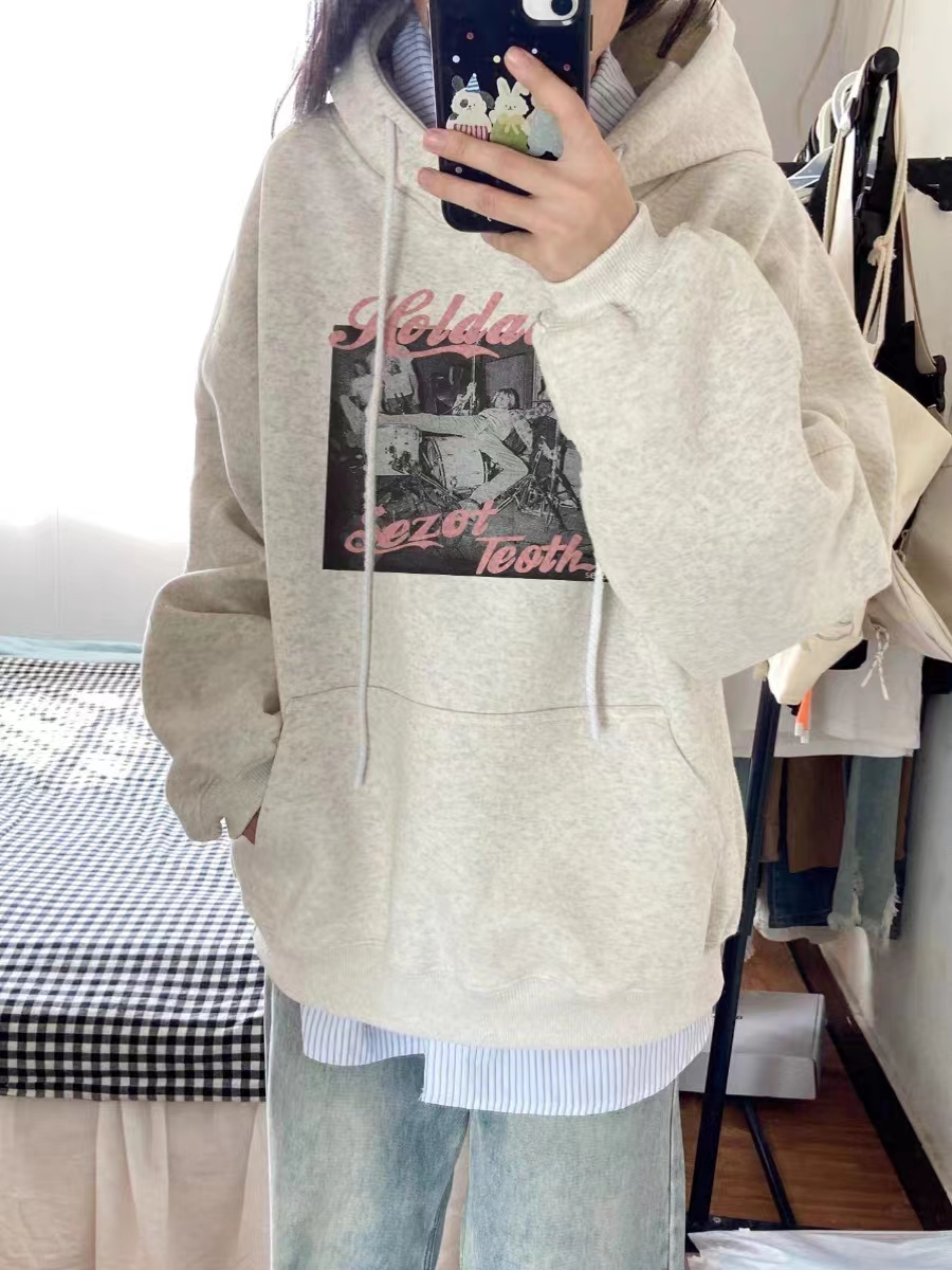 Thin Chinese cotton milk silk plus velvet Chinese cotton silver fox velvet printed sweatshirt women's hooded simple high-end top