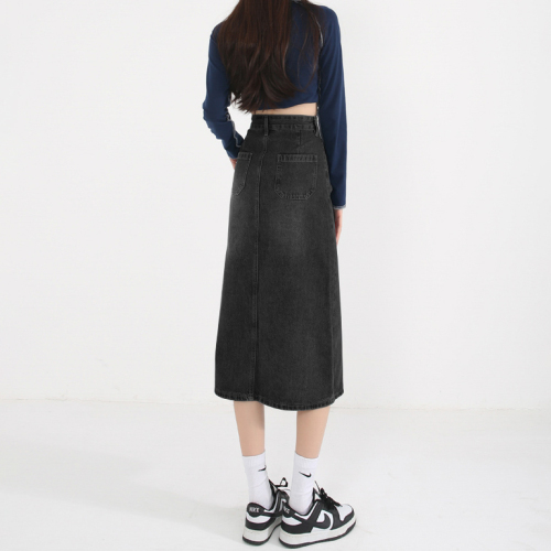 Retro high-waist slit denim skirt for women  autumn new slimming A-line mid-length hip-hugging skirt