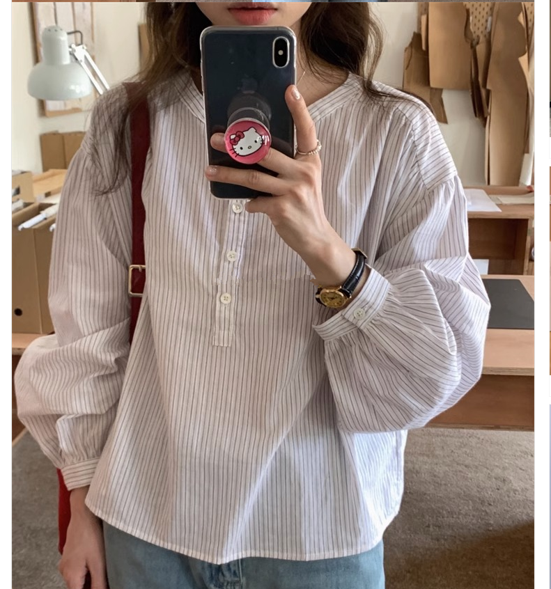 2023日系單排扣圓領簡約條紋襯衫秋季新款長袖寬鬆小眾襯衣女裝