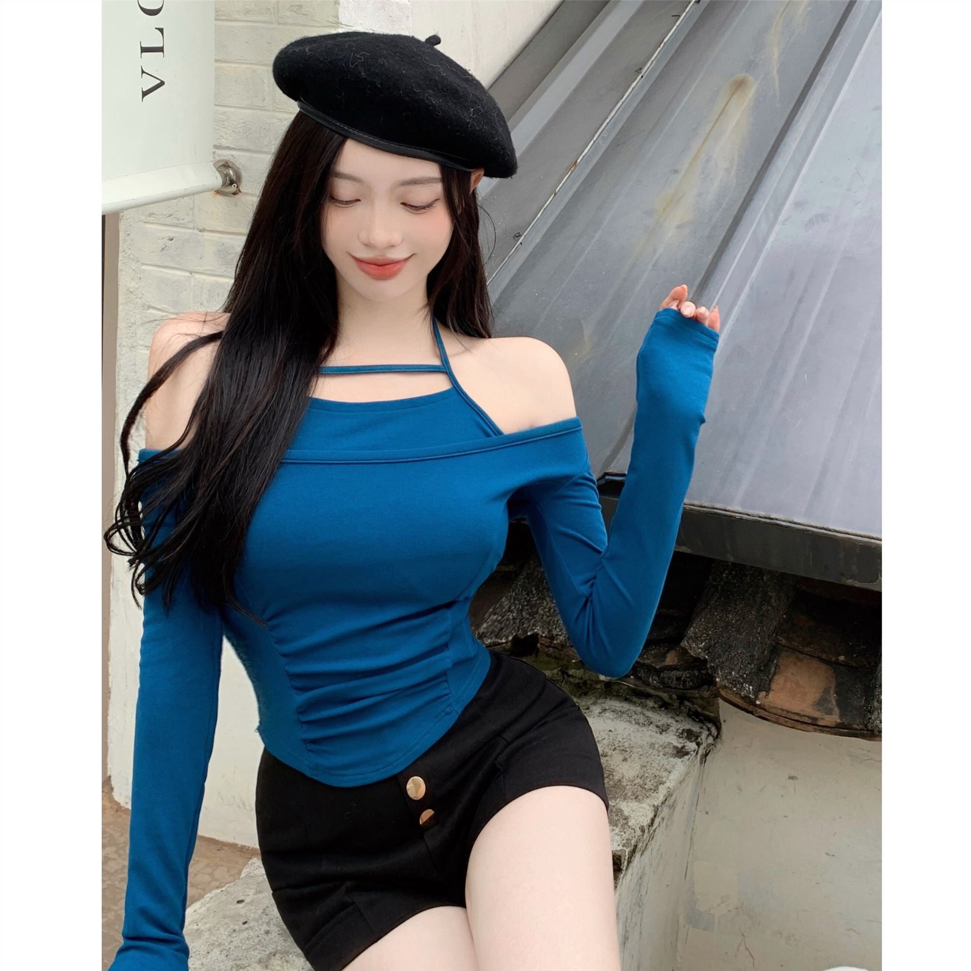Actual shot ~ Autumn and winter new fake two-piece set, trendy slim-fitting inner layering shirt, clavicle pure lust top for women