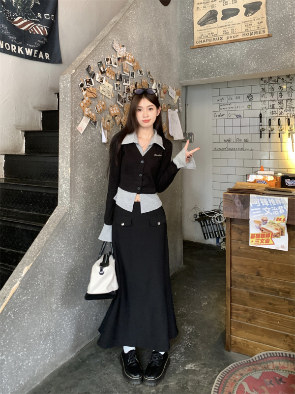 實拍 撞色假兩件長袖上衣女顯瘦高腰半裙辣妹修身套裝