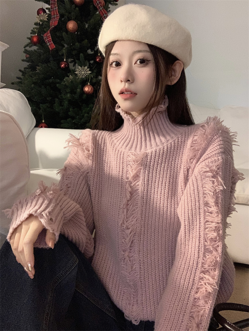 實拍 新款韓版重工設計感流蘇破洞高領寬鬆毛衣女