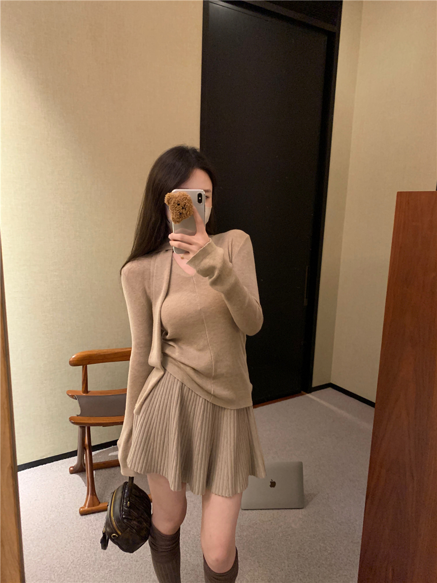 Real shot of temperament sister Wool Slim Bottoming Top Women's Autumn Ribbon Sweater Pleated Skirt Suit