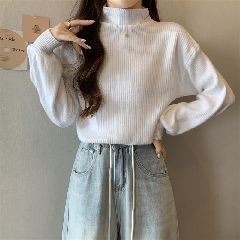 實拍 秋冬新款韓版內搭半高領泡泡袖打底衫針織女毛衣