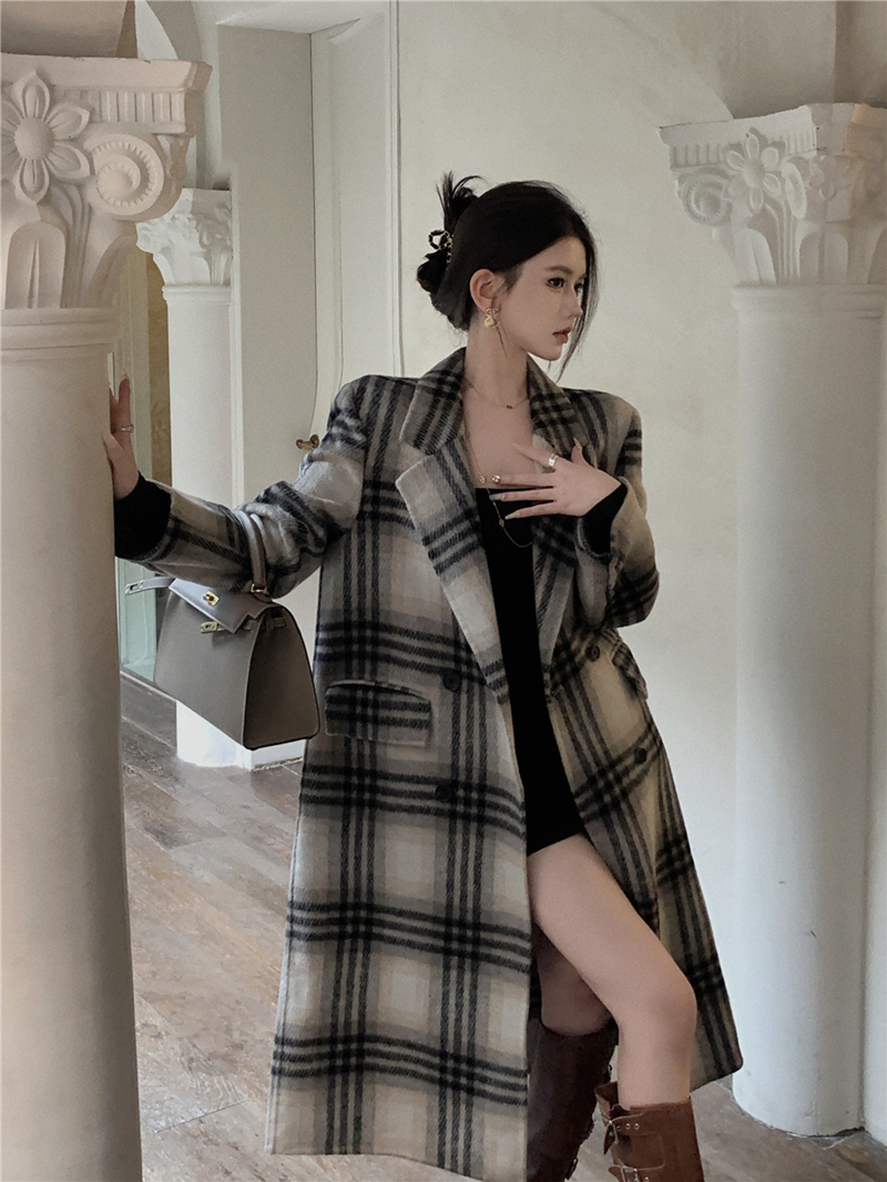 實拍秋冬復古格子英倫風長款加棉毛呢大衣外套女