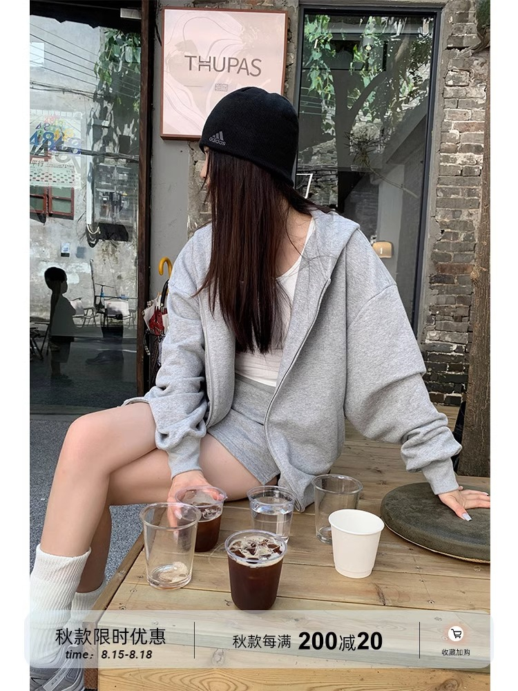 連帽衛衣女秋冬季2023新款寬鬆韓版灰色外套開衫加絨百搭美式復古