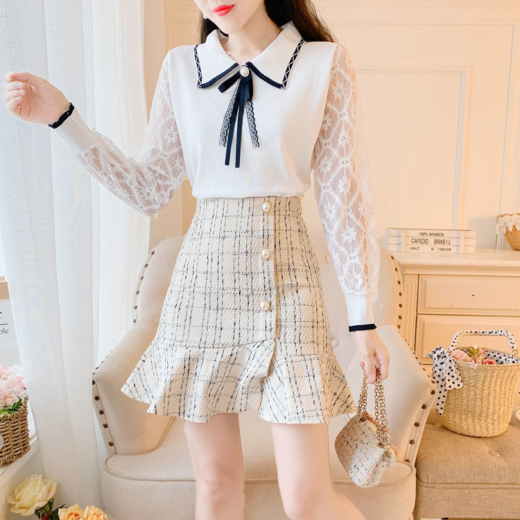 Small fragrant style suit for women spring and autumn 2023 new temperament fresh bow sweater plaid skirt western style two-piece set