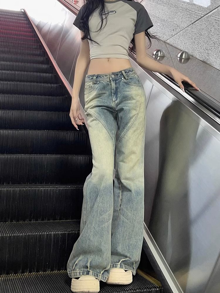 大碼美式辣妹微喇叭牛仔褲女2023年新款設計感分割扎染闊腿拖地褲